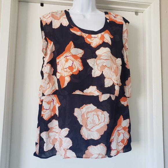 cabi Blouse Top Size M Chiffon Layer Bright Bold Floral Cap Sleeve Keyhole Back - Picture 2 of 7
